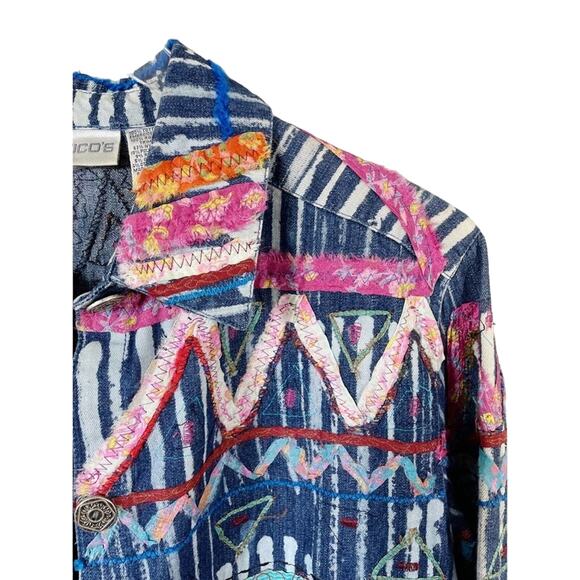 Vintage Chico’s Scrap Art Denim Jacket Multicolor Embroidery Medium (Size 1) - Picture 10 of 12